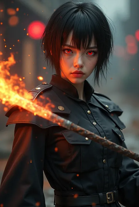 A 26-year-old girl from South China,  and with short hair badly cut at the height of her neck, Bright red eyes, wearing a black old soldier's uniform and a strong burning sword