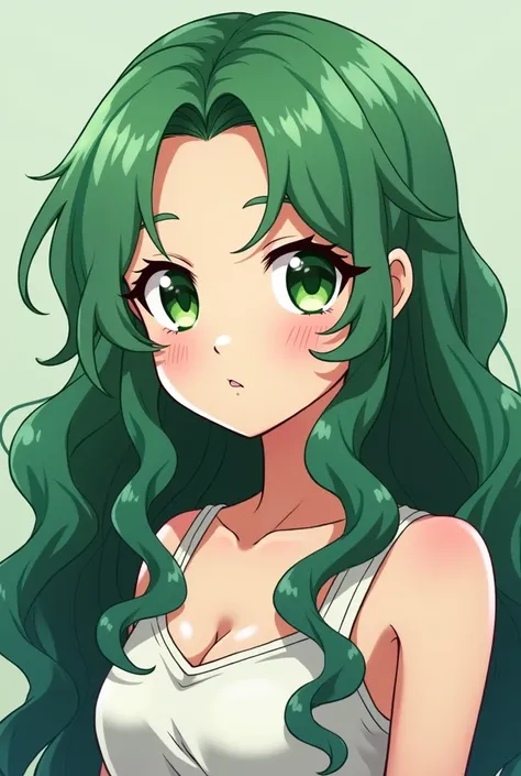 Make me a female character,  Style anime cartoon, with fine lines and less effect,with long hair, curly and green that extend to the waist.Your eyes are a gradient that goes from green to light pink. Her pupils are thin: like a snake .