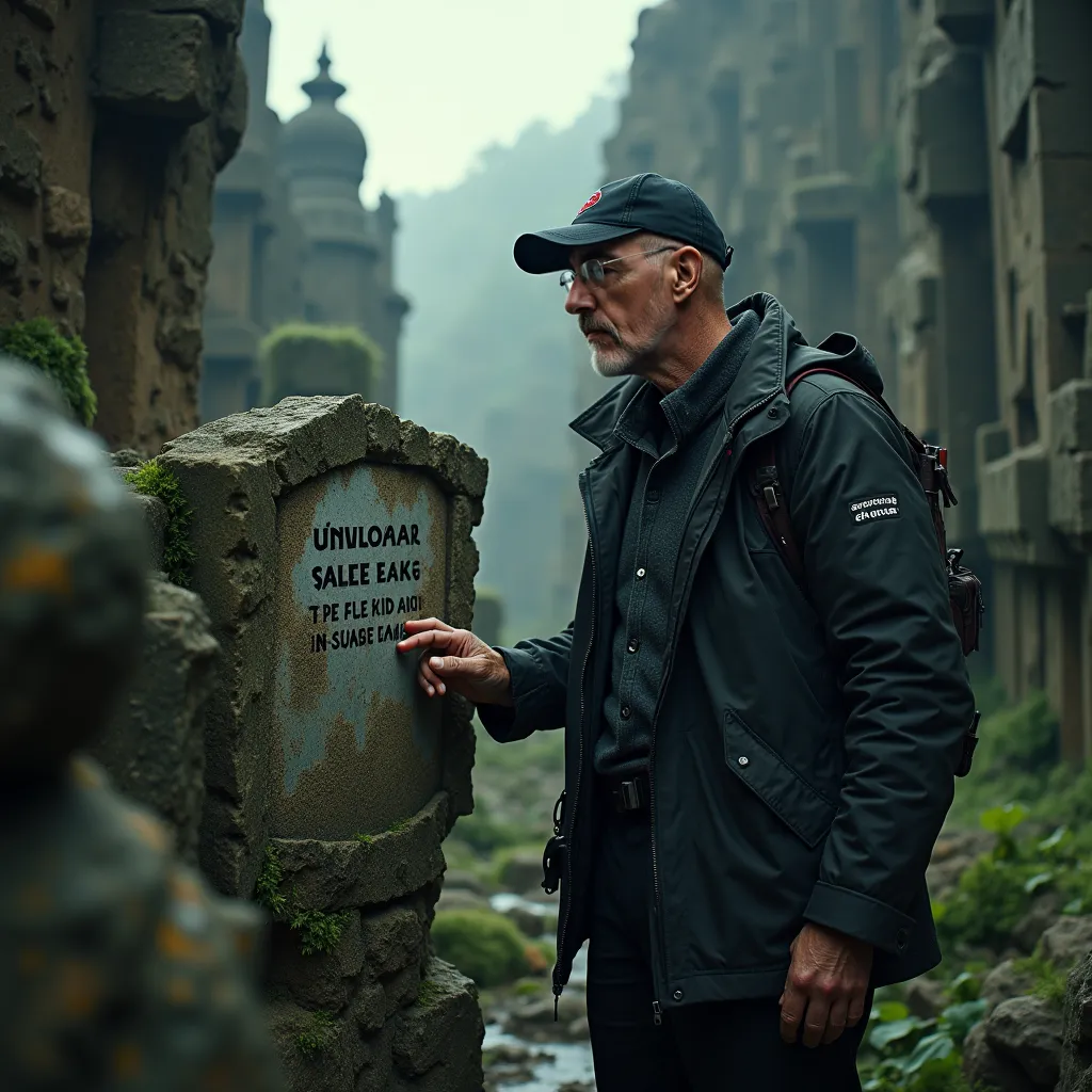 There is a man standing looking very closely at a large stone sign with the text "TABTABY" engraved on a stone sign that protrudes from one of the stone walls of one of the strangely architectural buildings, some very old buildings, almost prehistoric, The...