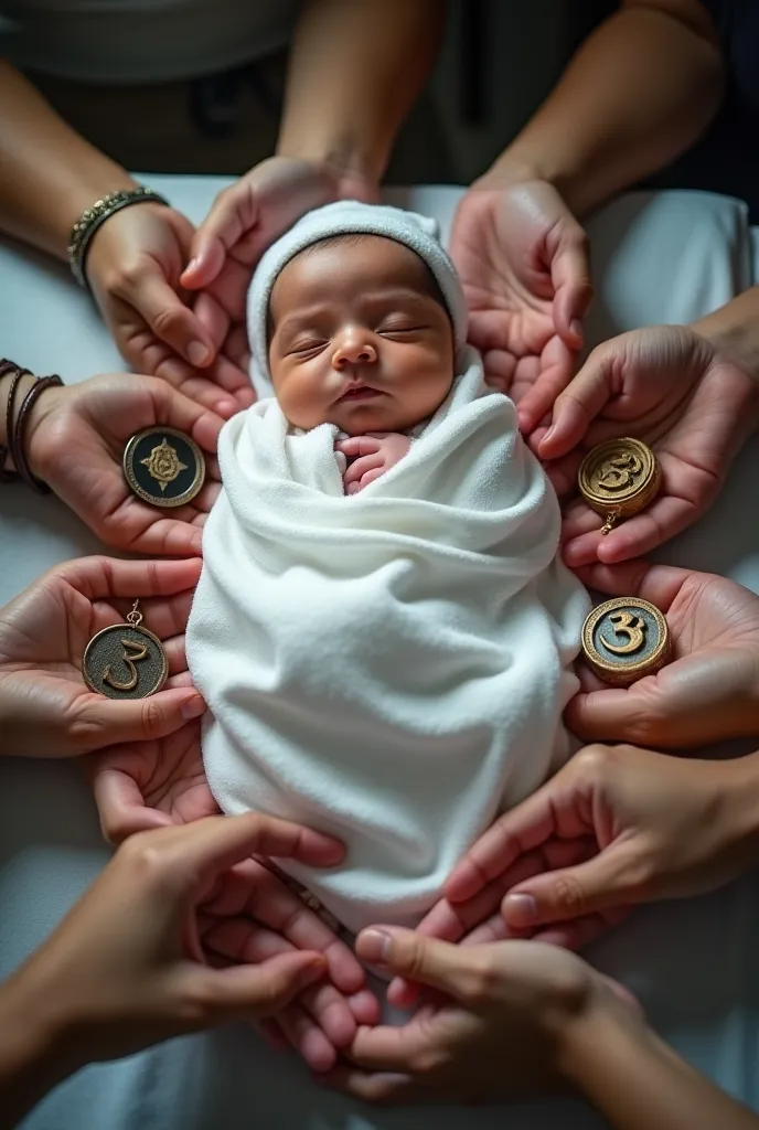 A newborn baby wrapped in a white cloth, lying on a hospital bed. Surrounding the baby, multiple hands of different people hold various religious symbols, including the Quran, the Bible, the Torah, Hindu prayer beads, Buddhist prayer wheels, a Sikh kara, a...