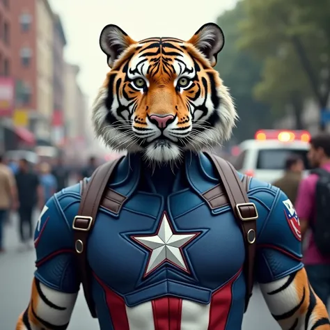 Make image realstic A real Gaint Mechanical Tiger with Captain America's Blue, Red and White color costume design with Captain America logo in chest. Natural Tiger animal style. In the City and many people Car in the road