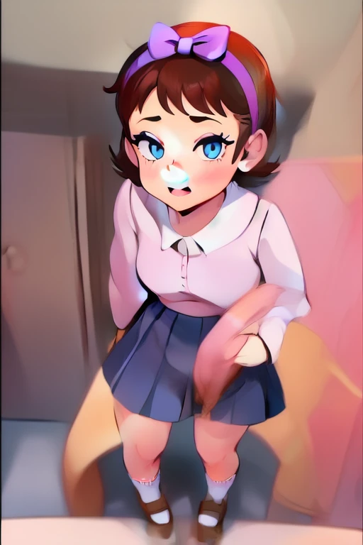 ((1girl, detailed background, schoolyard, holding books, aimee_brightower, short hair, brown hair, blue eyes, hairband, hair bow)), 
((white shirt, pink sweater, blue skirt, white socks, brown shoes, makeup)), 
((UPSKIRT)), ((Skirt flipping)), ((tight skir...