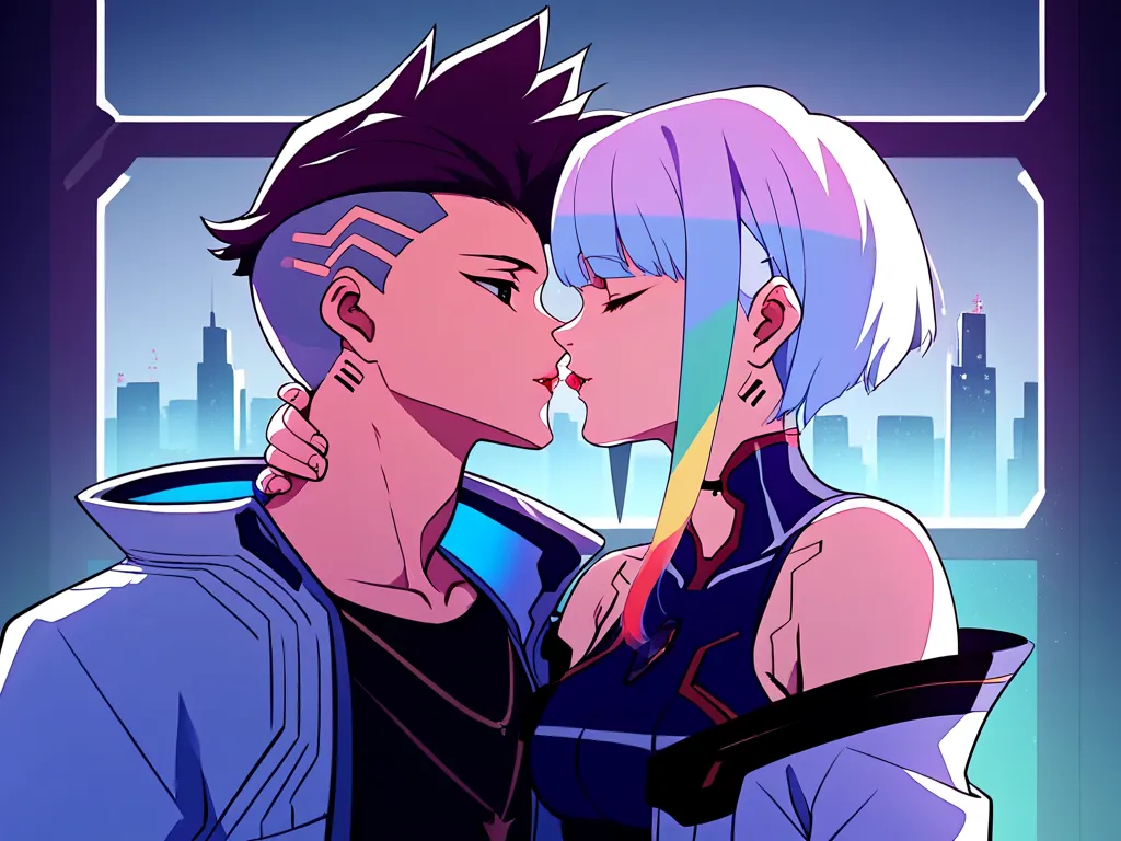 (Xmultipkex,Xmartinezx,Xlucyx:1.0),score_9, score_8_up, score_7_up, source_anime, rating_safe,couple portrait 1girl and 1boy kisses in futuristic city abrazados (x2077x:1.0)