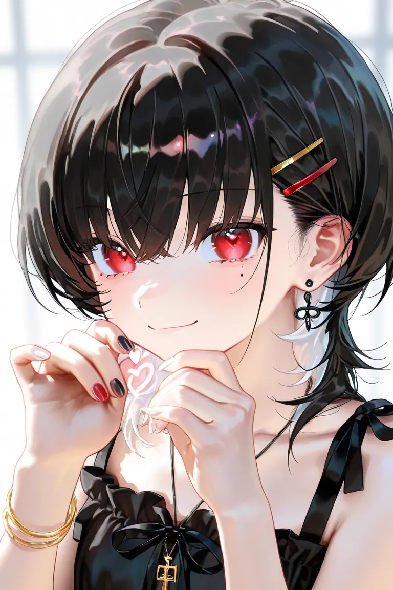 girls、 black hair、wolf cut、1 person、White inner color、Black Nails、red nails 、White nails 、Bachi bachi earrings、 teardrop bags、Tear mole、 black ribbon、 hairpins、 heart、key、smile、sling、has poor eyesight、beautiful、necklaces、bracelet、collarbone、Little Devil、 r...