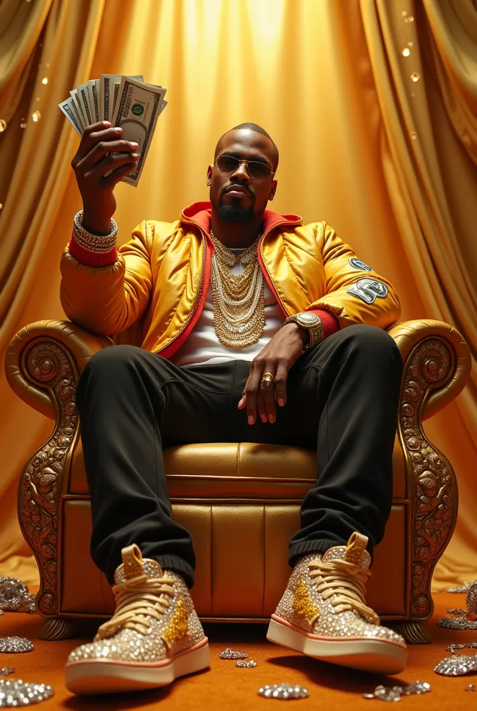 A successful rapper holding a pile of money and showing off a huge and expensive sneaker on his feet. The scene has a gold background, with glittering jewels and an ostentatious vibe.