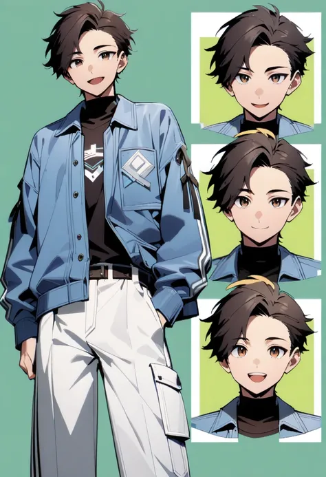 live2D character parts template, parts asset, live 2D vtuber model asset, 1 male, solo, shaved, dark hair, brown eyes, 25 years old, happy smile, wearing blue jacket, looking at viewer, thin lips, cowboy shot, open mouth, green background , (((full body, f...