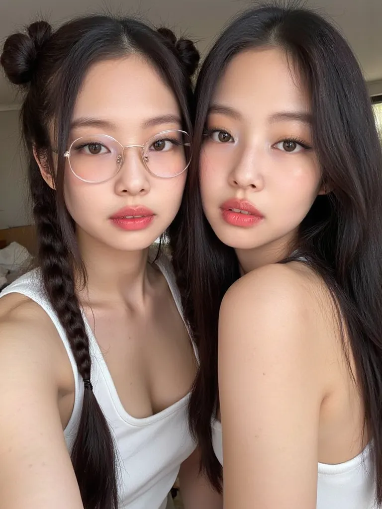 Woman selfie with her twin. FAce close to each other natural photo. Low quality phone photo. Accurate face. One woman is busty and big boobs, has long pigtails and glasses. While the other is slender and sexy, has flowing medium length black hair