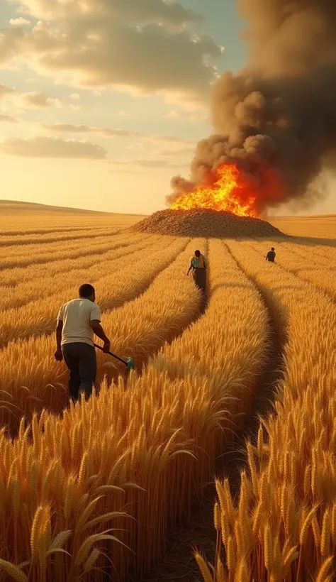 "A golden wheat field during harvest time. Workers with sickles are carefully gathering the wheat into large bundles. Nearby, a separate pile of weeds is being burned in a controlled fire, with flames rising into the air. The contrast between the fruitful ...