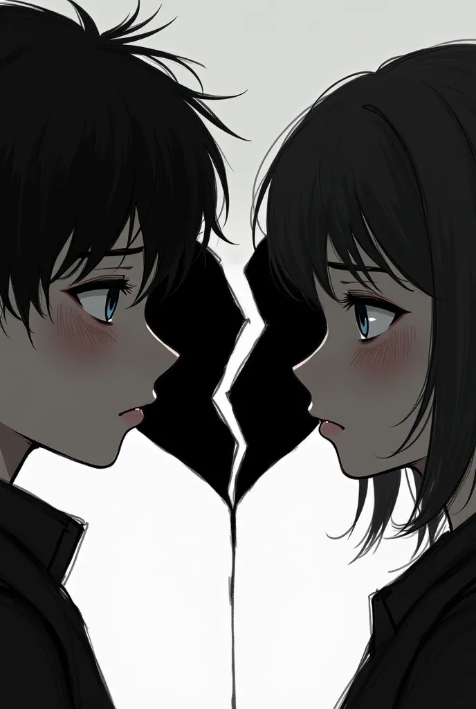 A boy face on left side and girl face on right side both are sad and a broken black heart in between. But all thing is in black clour