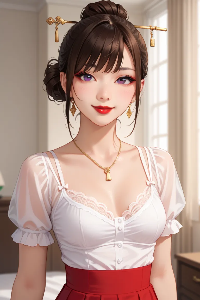 sexy asian woman, (asian face),(small eyelids), asian eyes, smile, red eye shadow, single hair bun, pale skin, hair sticks, skinny, middle body shot, small breasts, slim body, red lips, dark brown hair, bangs on the face, big purple eyes,(white blouse:1.2)...