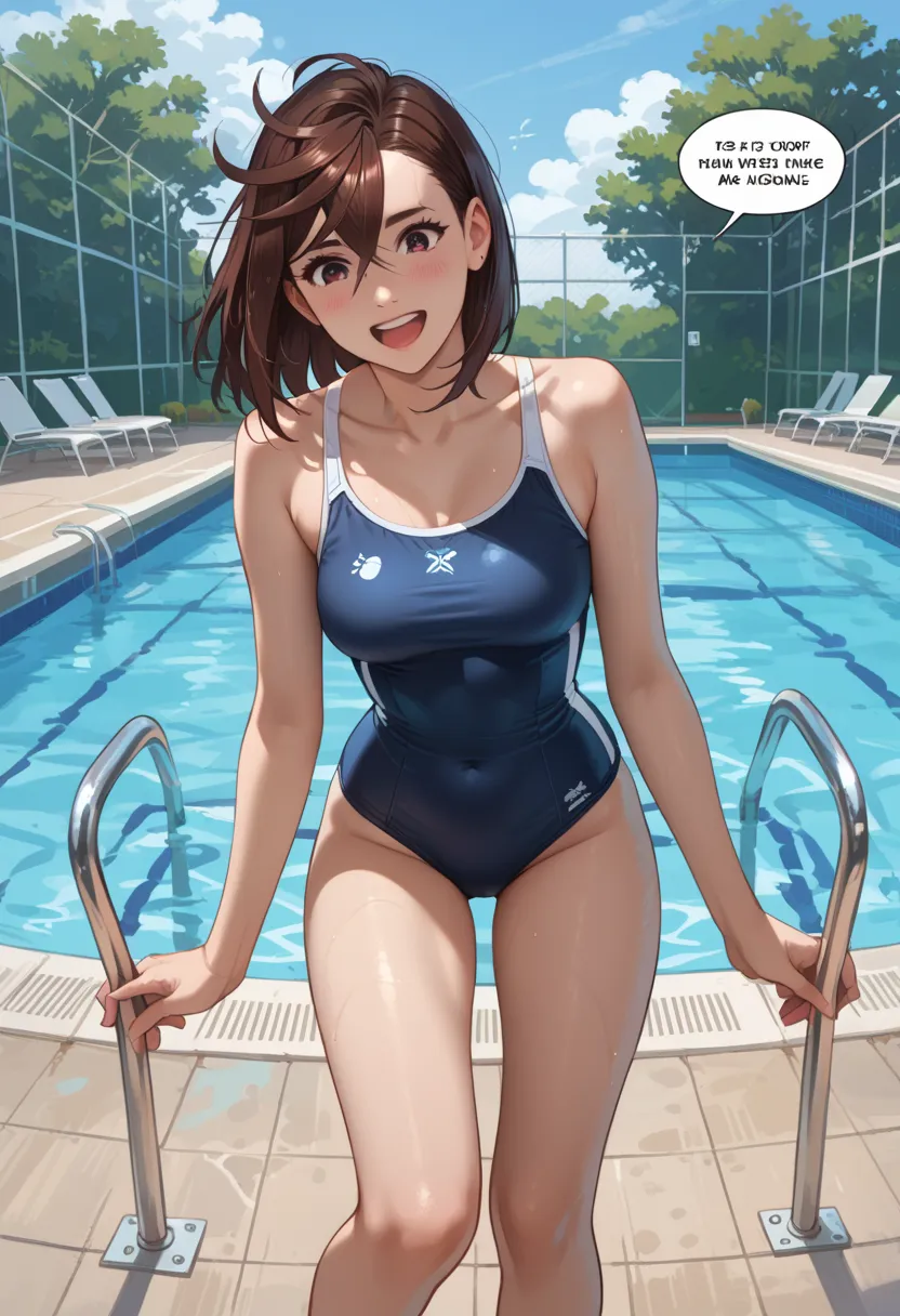 rape, Ayase Momo in a school swimsuit standing on the edge of a swimming pool, 18 years old, medium length hair, brown hair, happy and cheerful face, medium breasts, one girl, loud onomatopoeic speech, bright sunny day, full length front view