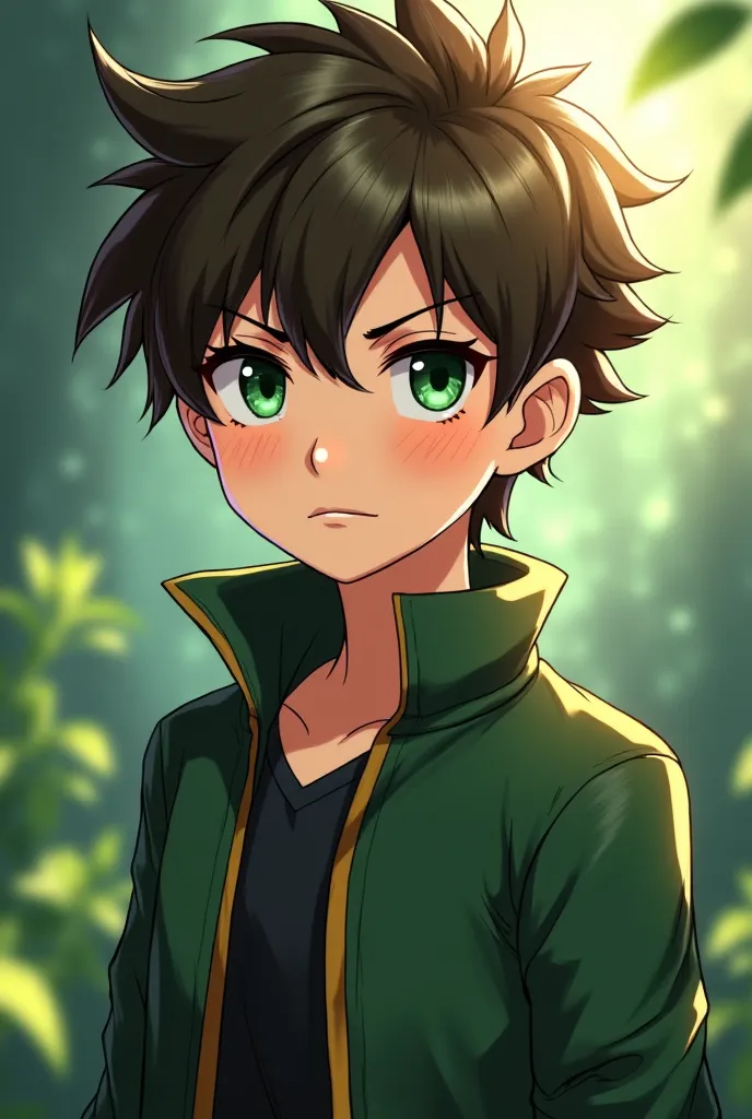  anime style poster. A VERY attractive boy with dark green eyes, with brown hair and a dark green gradient in the hair, you have cinnamon, WITH CLOTHES AND ACCESSORIES THAT DISTINGUISH HIM AS A BEING OF NATURE, ((very attractive)), What looks serious, (( d...