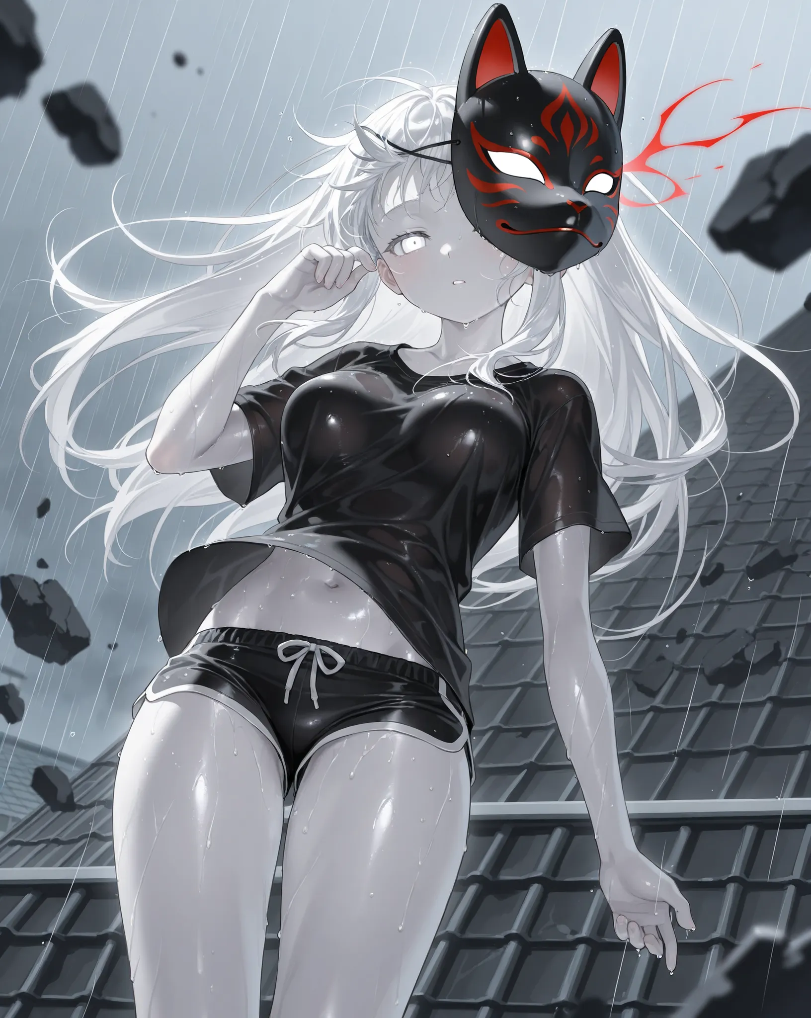 best image quality、High Resolution、 Thick white hair 、white eyes、、rooftop、  BLACK HIM T-SHIRT 、beautiful breasts、  best thighs、Scarlet Aura、 long hair、best image quality、floating rubble、black shorts、 white skin、 the royal family、、Straight face、Waking up、Be...