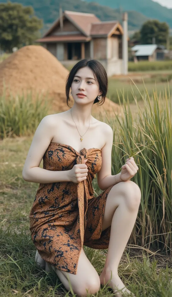 “A tall, slender, white Korean woman sees tits and brown sarungbaticals wrapped around her waist. She is using a traditional rice coloring machine in a rural Indonesian village, her hands skillfully grasping the equipment. The background has a small mill, ...