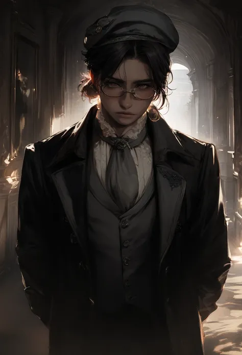 1boy, thin, male, disheveled hair, disheveled bangs, short ponytail, dark beige shirt, light gray tie, dark gray vest, over which a black jacket, dark grey beret on head, glasses, detailed light, light leaks, beautiful detailed glow, hallway of mansion is ...