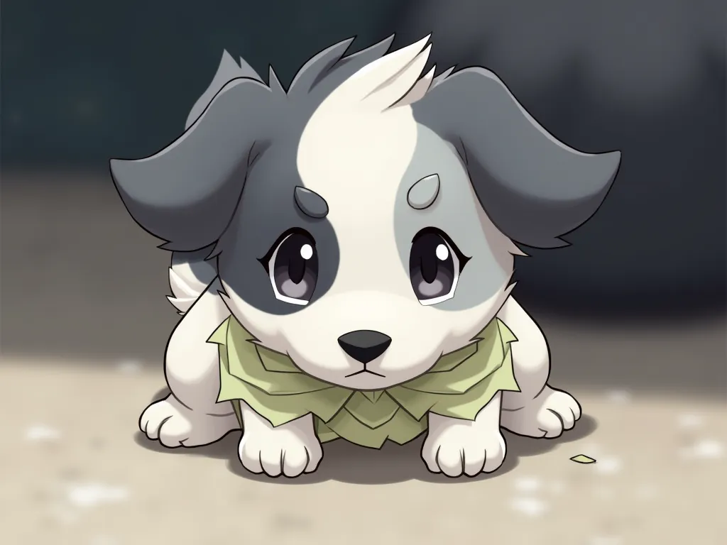 Return the anime-style image reference to " Pokemon " preserving the characteristics of the main image of the dog with a black nose,  black eyes, White fur , The left ear color black, And the black spot around the right eye