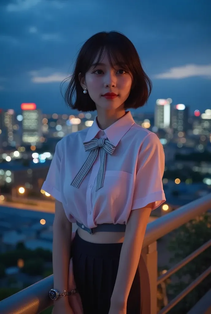 (8k, RAW photo, best quality, masterpiece:1.2), (realistic, photo-realistic:1.37), Ultra High Resolution,
1 girl,cute, Alone,beautifully detailed sky,Tokyo cityscape details , night ,
medium breasts,beautiful detail eyes,(color shirt:1.1),  bow tie,pleated...