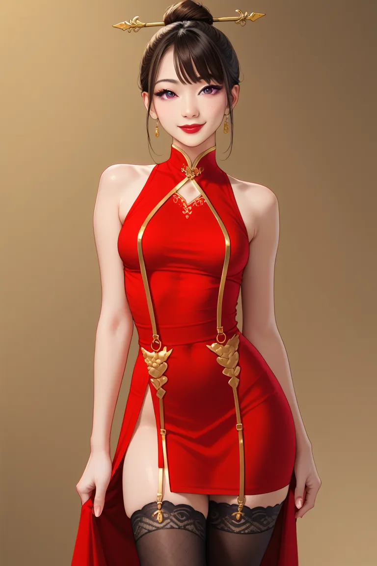 sexy asian woman, (asian face),(small eyelids), asian eyes, smile, red eye shadow, single hair bun, pale skin, hair sticks, skinny, middle body shot, small breasts, slim body, red lips, dark brown hair, bangs on the face, big purple eyes,(red fabric dress:...