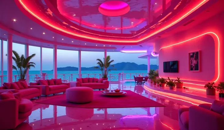 ((view of a very very large living room in curvature in neon tones)) with panoramic view of the bay of Cuba, inspired by Dennis Fremont, ((Wide-Angle)), Impressive architecture, (( masterpiece )), (( open thighs )), 8K, (futuristic Cuban retro style), vibr...