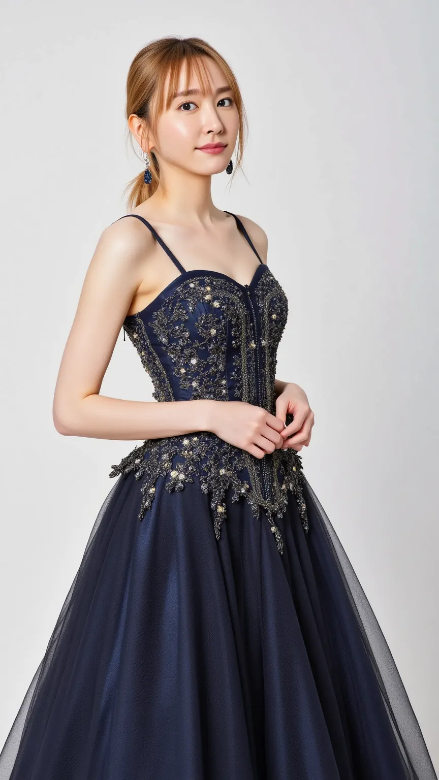  32k or 128k A 、Photo of a beautiful young woman with big breasts,  earrings blue eyes , Blonde hair in twin tails、 Ainu costumes with slender bodies and gothic Lolita fashion。.  she says 、She is wearing a shiny, floor-length ball gown with intricate embro...