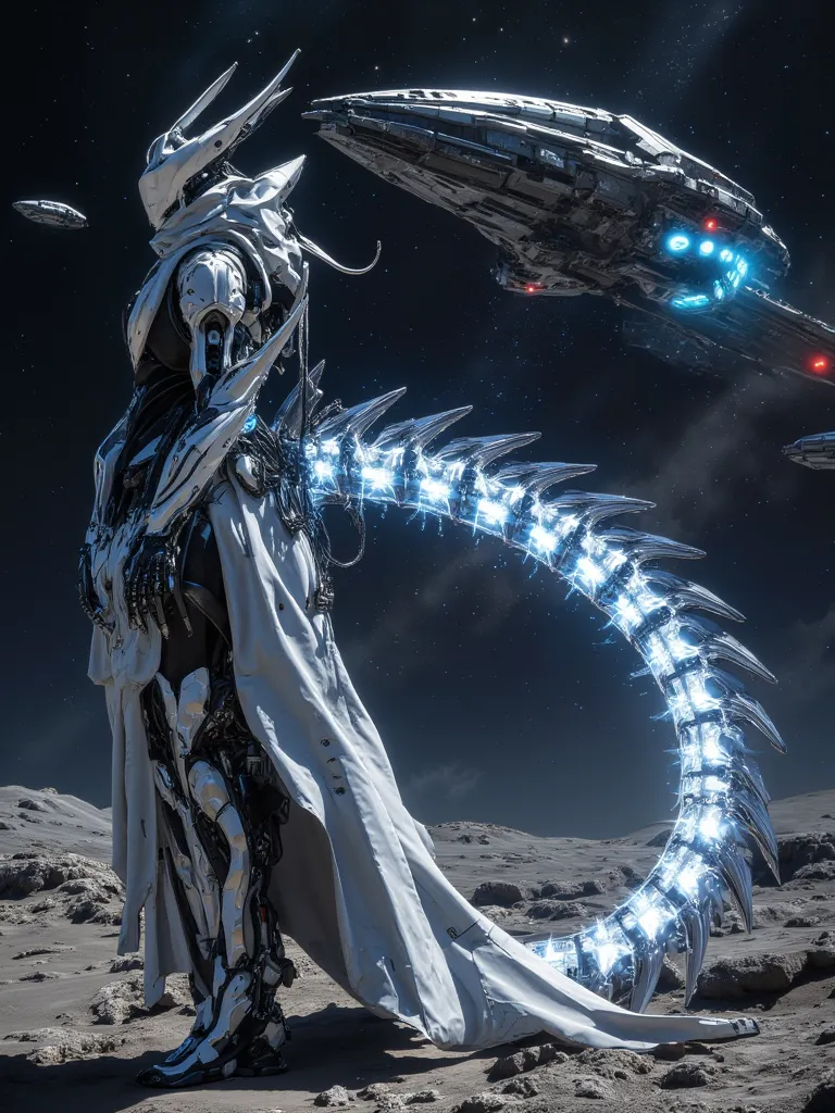 "A futuristic warrior, clad in sleek, battle-worn white and black armor with glowing energy nodes, stands on the rocky surface of an alien moon. Its biomechanical tail extends, flickering with plasma energy. Above, alien battleships descend from the atmosp...