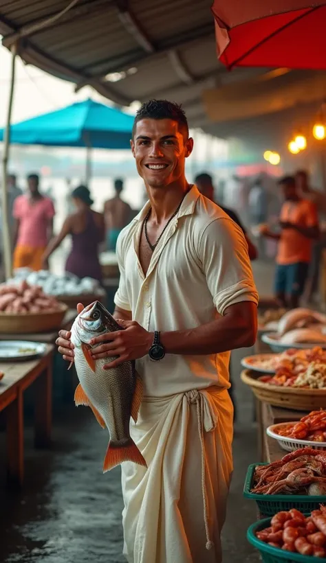 A hyper-realistic, cinematic 8K image of Cristiano Ronaldo standing in a vibrant Indian fish market, selling fresh seafood. He is wearing a simple cotton kurta with sleeves rolled up and a mundu tied around his waist, blending into the local culture. His m...