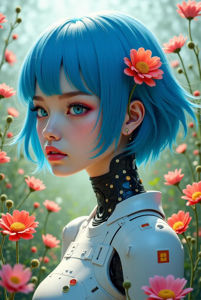 Create a kpop album cover with an indie floral aesthetic featuring a blue-haired woman who looks a bit robotic like a robot