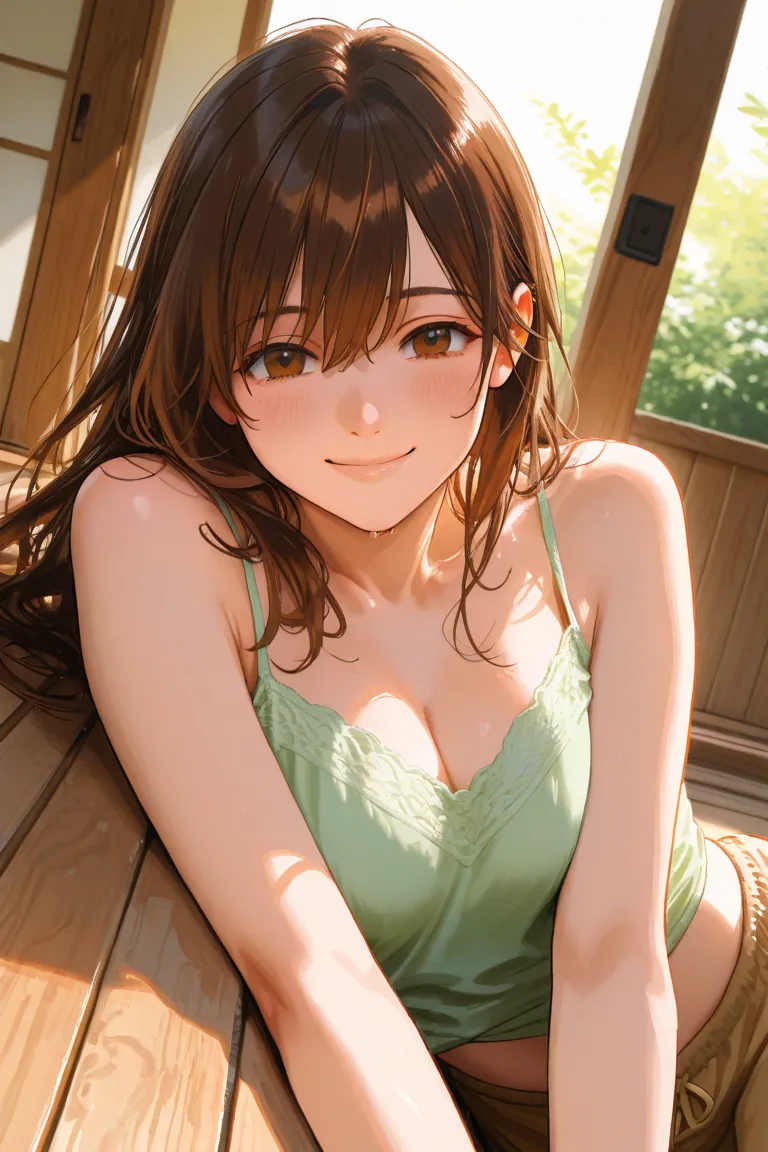 Pastel green camisole, cleavage visible, dark brown hair, Japanese woman lying on the veranda, kind smile, brown eyes, bright image