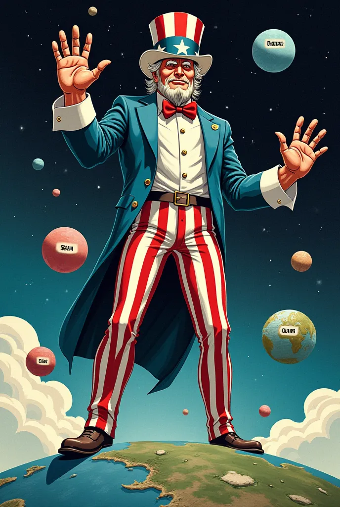 Creat a political cartoon of big uncle sam standing over the world grabbing planets floating in space labeled cuba, spain peurto rico and guam