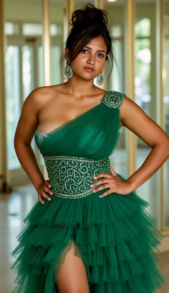 arafed big curvy indian woman in a glittering premium sleeveless one off shoulder emerald green rose layerered fabric intricate mini frock gown slitted at thigh exposing front leg,showing cleavage,standing frontal facing showing front part looking straight...