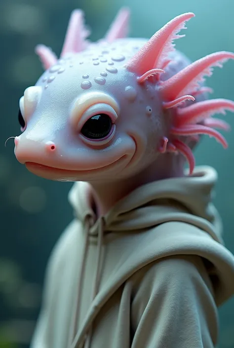 "Hyperrealistic portrait of a hybrid humanoid axolotl man, blending human and amphibian features in a seamless and natural way. His skin is smooth, slightly translucent, with a soft pinkish hue and subtle aquatic texture. His facial structure is humanoid b...