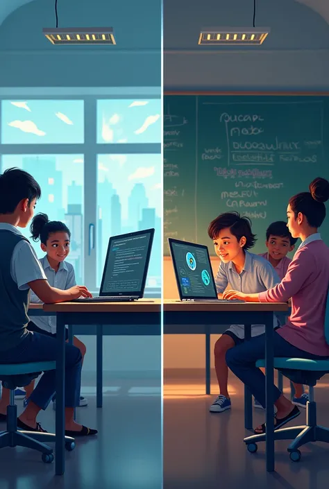 illustration of a visual comparison of two classrooms: one modern with students using computers and the other without technology, reflecting the inequality in access to ICT.