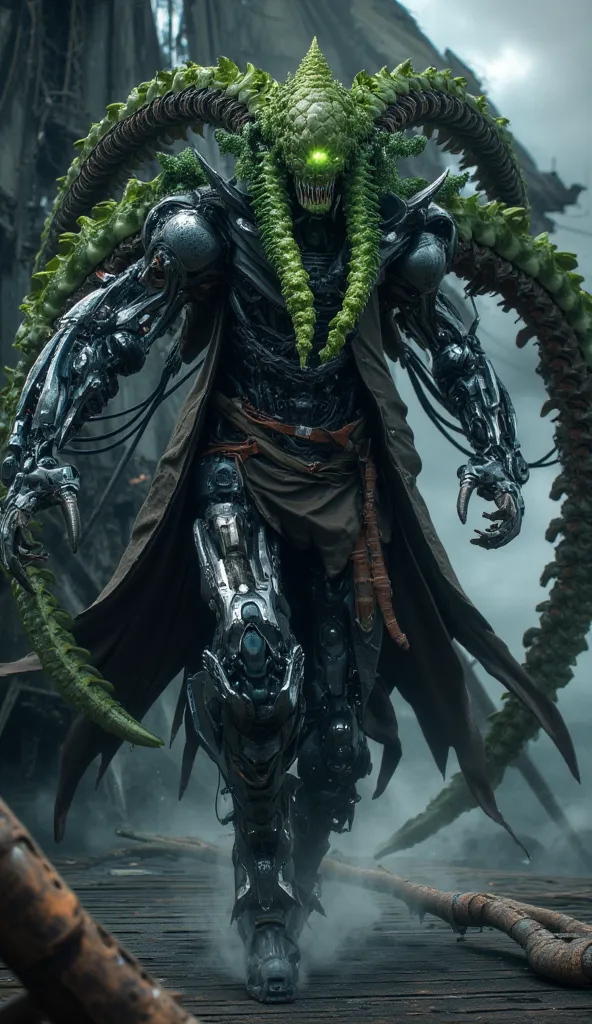 Hyper-realistic image. High quality, 8K Ultra HD. Davy Jones from Pirates of the Caribbean mutated by an alien broccoli virus, fusing his marine body with cybernetic technology and grotesque mechanical biology. is running on the deck of a pirate ship at se...