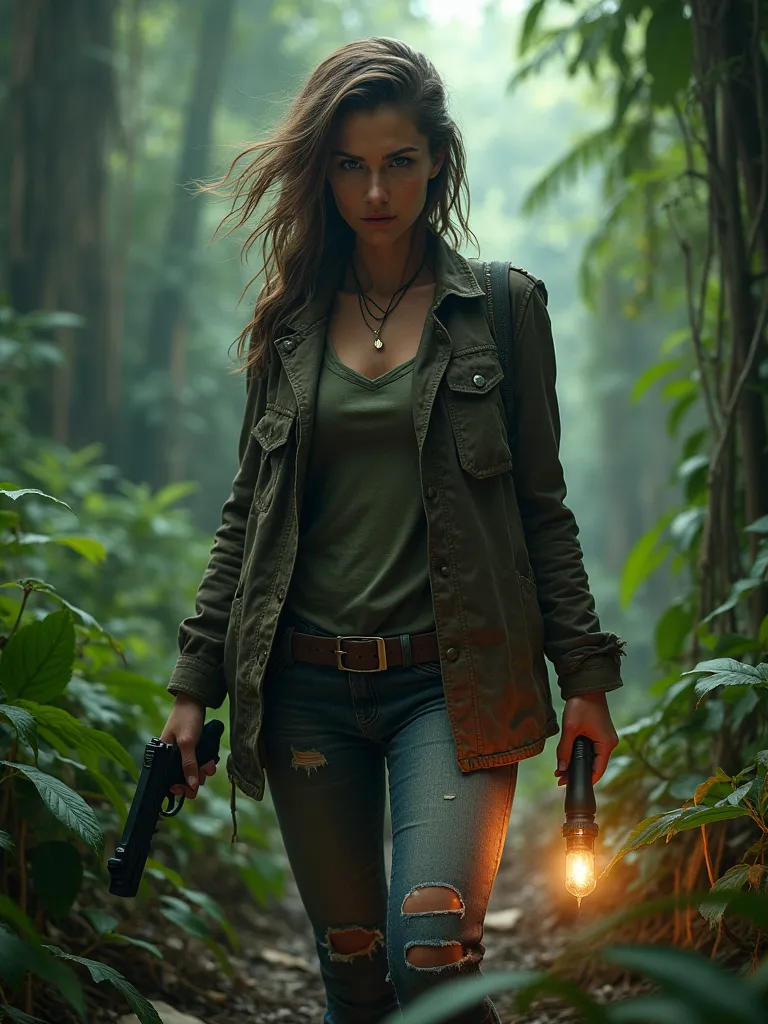 A woman wearing a slightly damaged and torn pencil denim while holding a glock and a torch in hand and leather jacket in a wild thick jungle forest