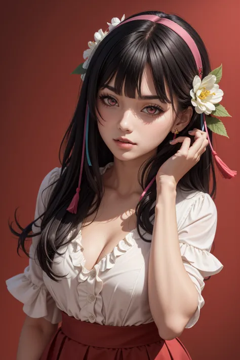 
woman, Alone, red nails, viewer, bangs, pink eyes, long hair,   black hair, hair accessories,  raise hands , flower, blunt bangs, closed my mouth, Tassel, ribbons, portrait, colorful,  red background , frills, colorful hair, upper body,I'm wearing a minis...