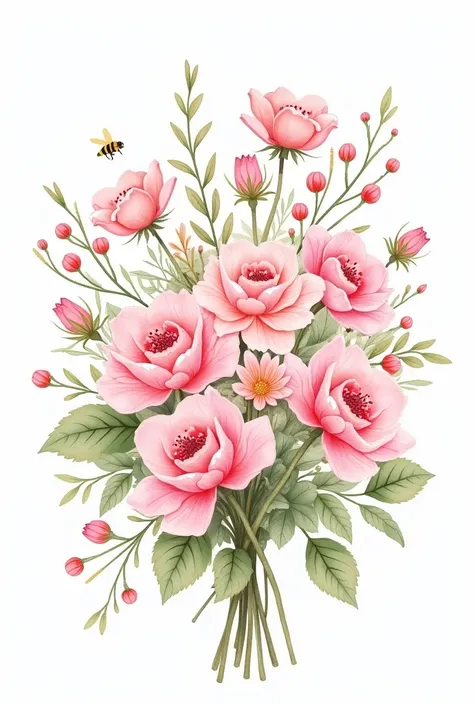 A watercolor illustration of a bouquet of pink flowers with green leaves in different shades. The composition is delicate and harmonious, with open flowers and some buds still closed. Small red berries and golden details scattered on the white background a...