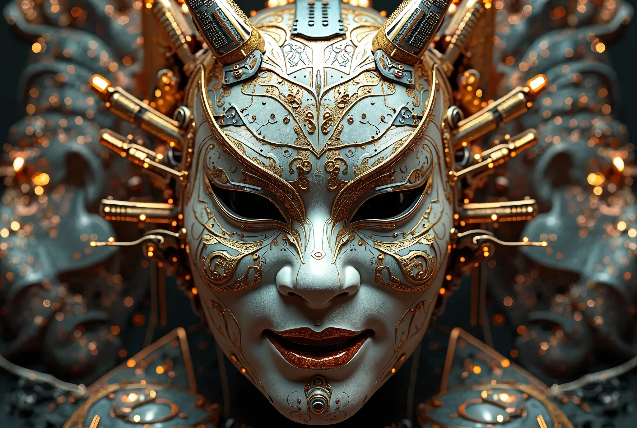 A Japanese Kabuki mask features components simulating electronic applications，circuitry, gold and silvering wiring, fibre optic extensions. There is a large group of Kabuki masks , by Kamisaka Sekka, benjamin lacombe, beeple and jeremiah ketner, by Santiag...