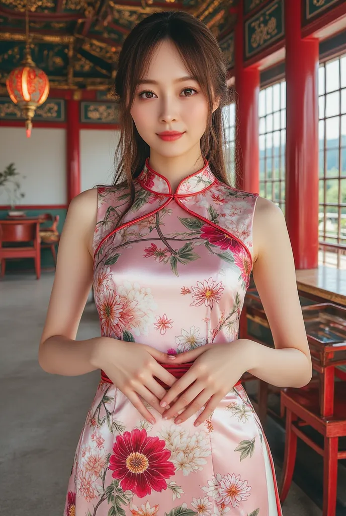  live-action，Super busty women， big woman ， Put your hands on your lower back  ， Chest for Men，Chinese Royal Palace  ， She is wearing a silk cheongsam ， Flower and bird pattern cheongsam  ，hot cheongsam， Amazingly thin cheongsam  ，開いたChest for Menのある透明なチャイ...