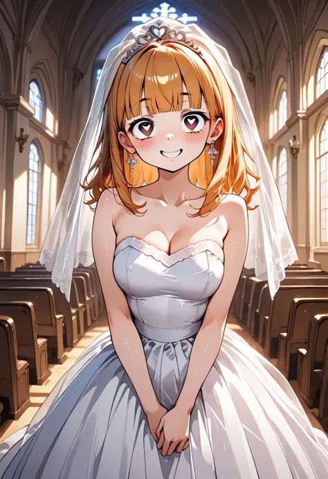 1Woman, standing, in living room, fair skin, long orange hair, blunt bangs, brown eyes, smiling, adult, Wedding dress, crazy eyes, heart pupils, 30 years old, in church,