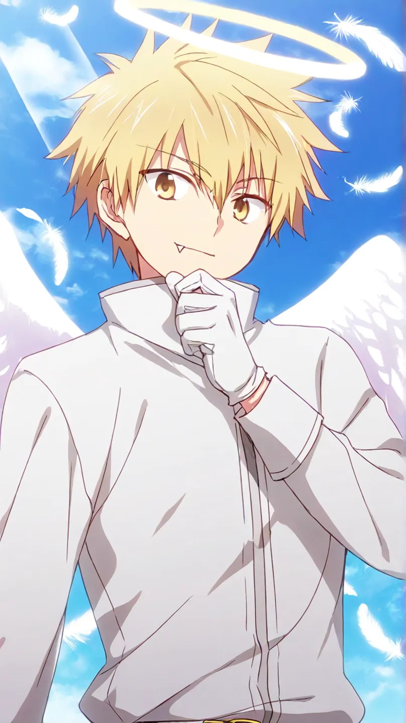  solo,white thief,white belt,gloves,angel,1boy,mysterious grin,fang out,male focus,big white angel wing,angel halo,golden eyes,day sky clouds heaven background,inuzuka shuu, blonde,male focus,playful,white feathers effect, male focus,light smile, Sunshade ...