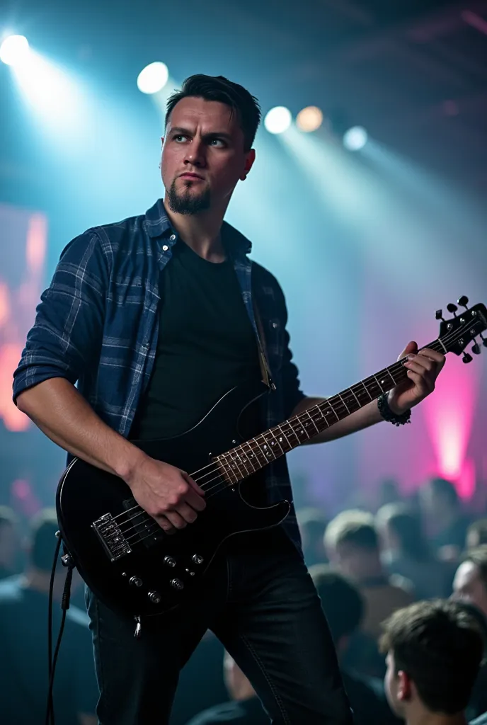 close up 28-year-old male bassist man size XL with a sturdy, build takes center stage under bright spotlights, surrounded by a soft haze of smoke. His short dark hair and striking green eyes exude intensity, while a light stubble gives him a rugged yet pol...