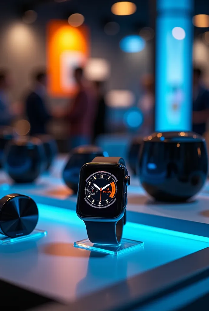 - Image:  A photo of the Tempo smartwatch displayed on a prominent shelf in a trendy electronics retailer, alongside other popular smart devices.