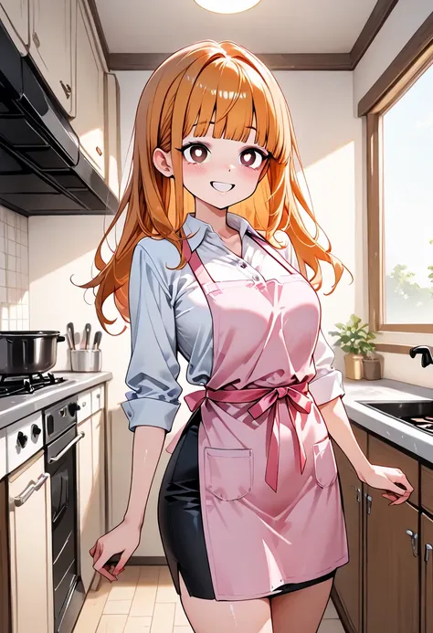 1Woman, standing, in living room, fair skin, long orange hair, blunt bangs, brown eyes, smiling, adult, White buttoned shirt, black pencil skirt, crazy eyes, heart pupils, 30 years old, cooking in kitchen, pink apron