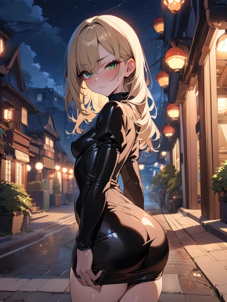 r, alone, long hair, dress, serious, black dress, looking at viewer, breasts, long sleeves, no bangs, small breasts, blonde hair, loose hair, turtleneck dress, cowboy photo, makeup, red lips, blonde hair, puffed sleeves, lipstick, closed mouth, turtleneck,...