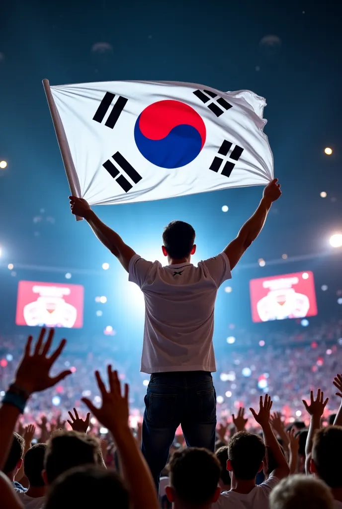 A man stands tall on a brightly lit stage, proudly holding the South Korean flag high above his head. The Taegeukgi flutters slightly, its white background glowing under the stage lights, with the bold red and blue Taegeuk symbol at its center and the four...