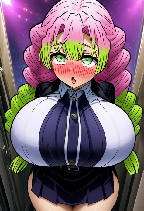 (( ahegao)), (dim lighting), (Neon atmosphere), Light background,  Kanroji Mitsuri,  is kneeling , Looking for IP , pink hair near MM, green highlights, Green braid, view from above, ((green eyes)),  big, detailed eyes, Ulzzang, Chest, big breast on the fr...