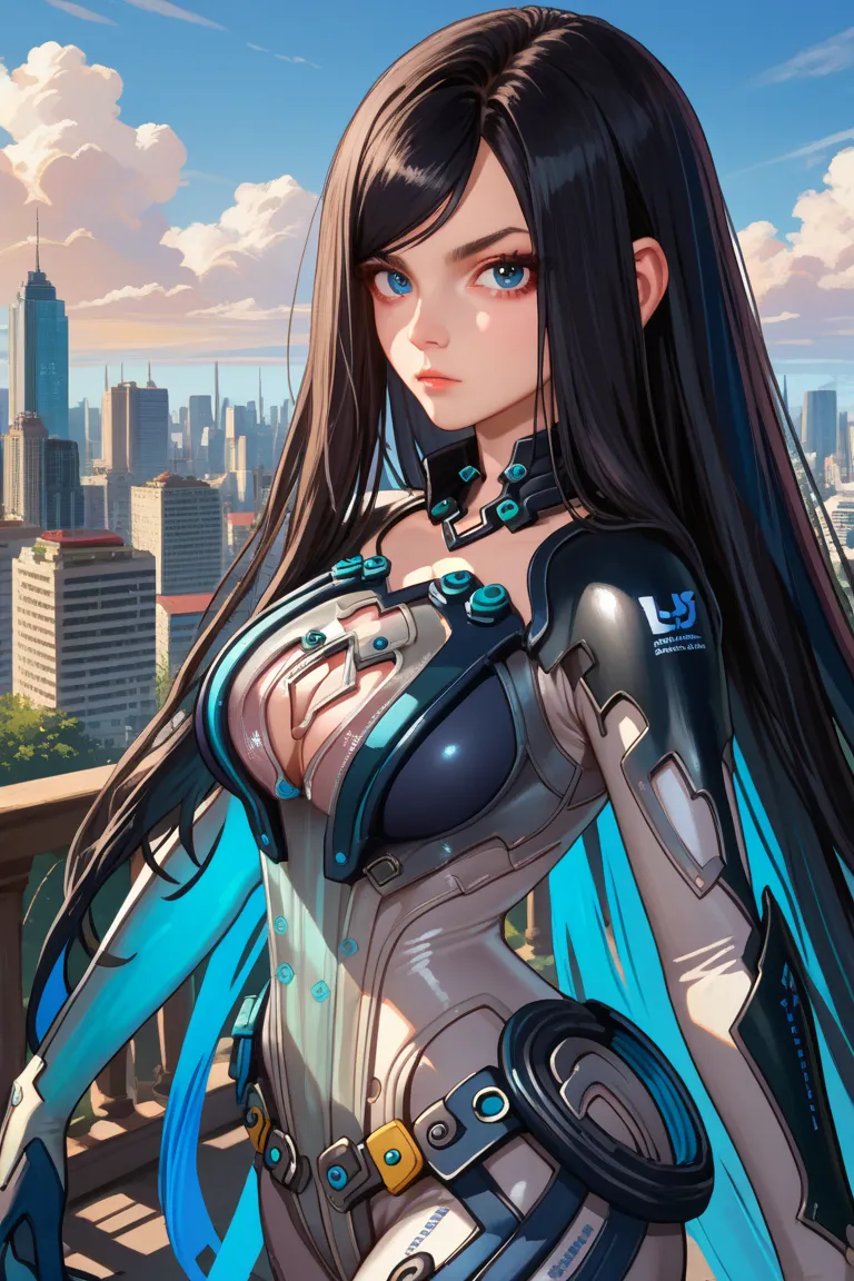 score_9, score_8_up, score_7_up, score_6_up, source_anime, 1girl, solo sbRav, black hair, swept bangs, very long hair, blue eyes, black bodysuit, two-tone bodysuit, grey pants, collarbone, cleavage cutout, gloves, gauntlets, large breasts, blue sky, clouds...