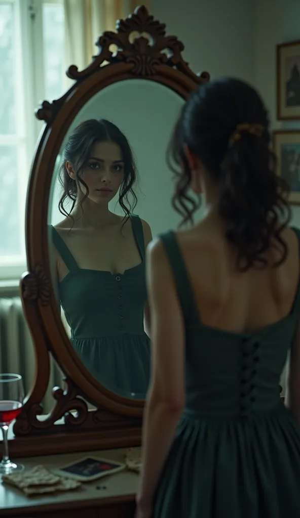 Sofia looks through a mirror that doesn't reflect anything in her blurry apartment. 