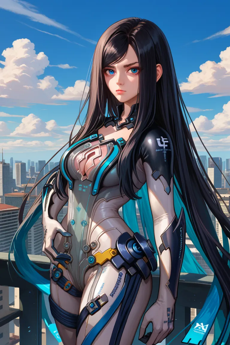 score_9, score_8_up, score_7_up, score_6_up, source_anime, 1girl, solo sbRav, black hair, swept bangs, very long hair, blue eyes, black bodysuit, two-tone bodysuit, grey pants, collarbone, cleavage cutout, gloves, gauntlets, large breasts, blue sky, clouds...