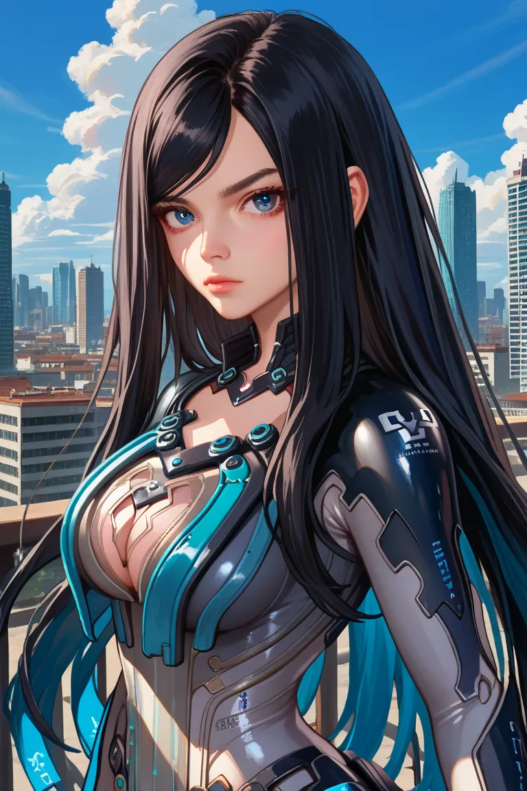 score_9, score_8_up, score_7_up, score_6_up, source_anime, 1girl, solo sbRav, black hair, swept bangs, very long hair, blue eyes, black bodysuit, two-tone bodysuit, grey pants, collarbone, cleavage cutout, gloves, gauntlets, large breasts, blue sky, clouds...